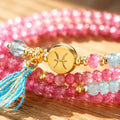 Pisces zodiac triple-wrap bracelet with faceted pink tourmaline and aquamarine mini beads, gold-tone Pisces charm, aquam