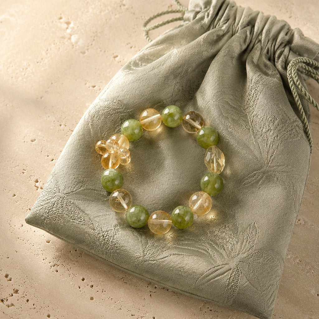 Lemon Bubble citrine, Xiuyan jade and clear quartz beaded stretch bracelet with carved citrine flower bead