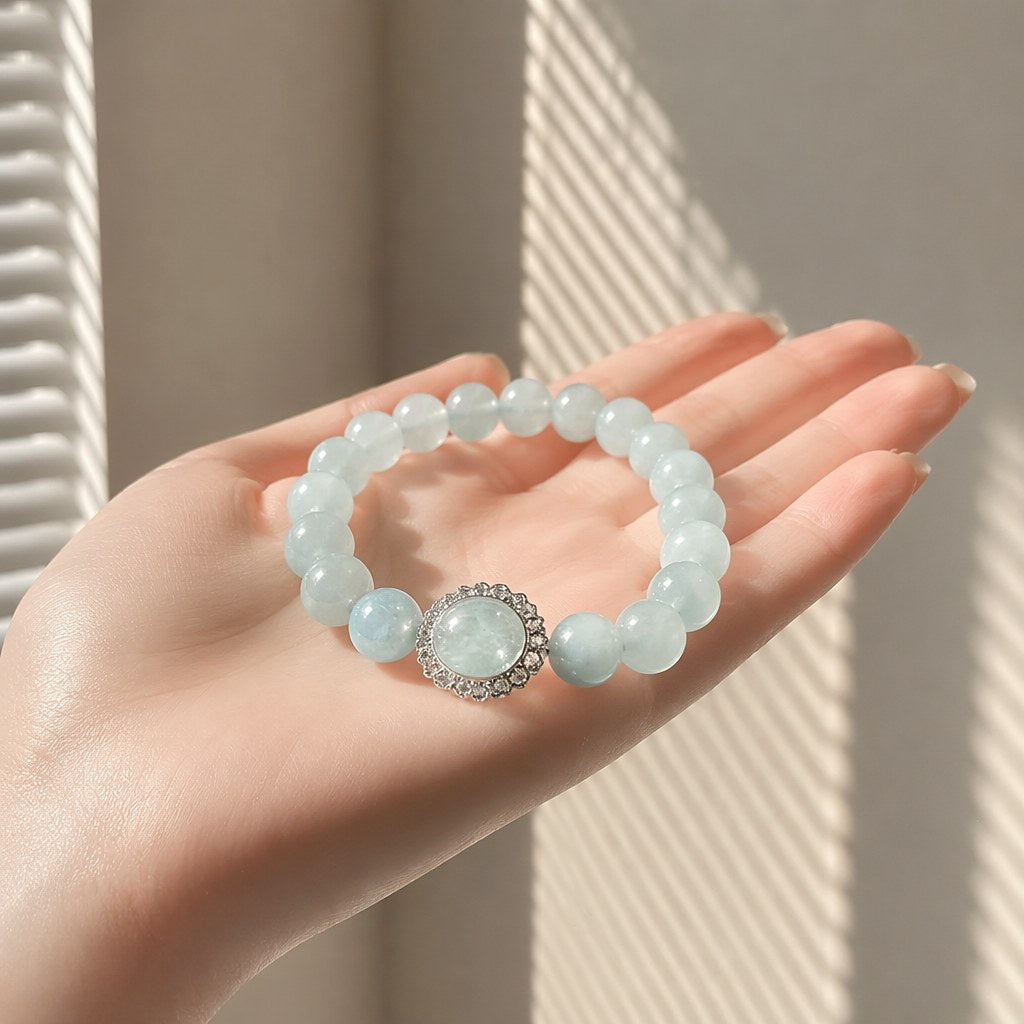 Ocean's Whisper pale blue aquamarine beaded stretch bracelet with silver-tone pave halo charm