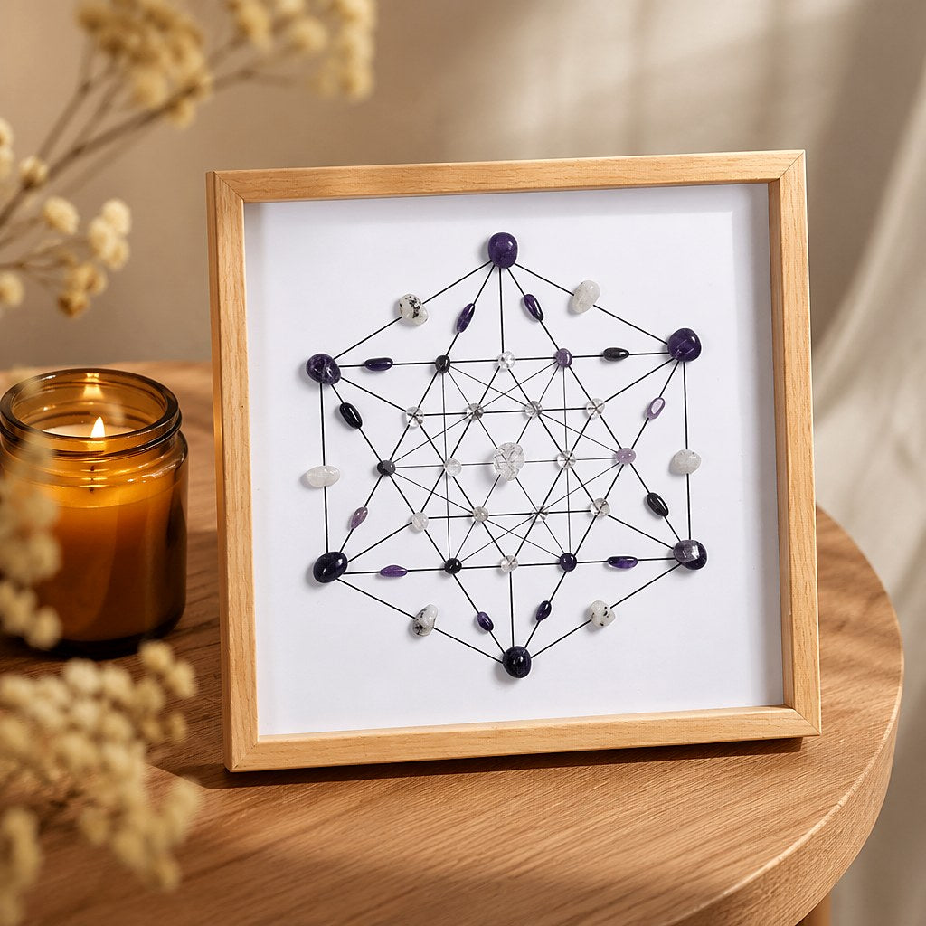 Inner Dawn amethyst, rainbow moonstone and clear quartz crystal grid in a light natural wood frame