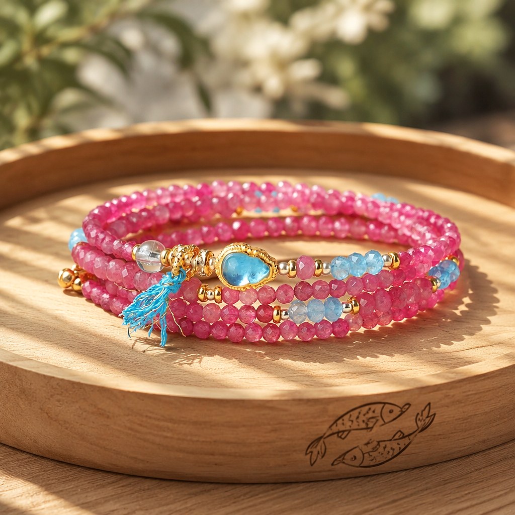Pisces zodiac triple-wrap bracelet with faceted pink tourmaline and aquamarine mini beads, gold-tone Pisces charm, aquam