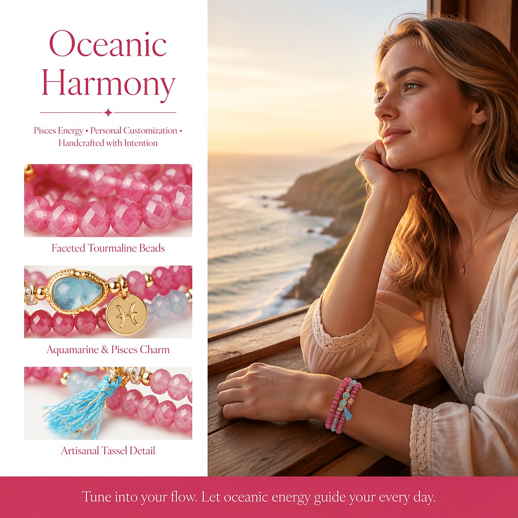 Pisces zodiac triple-wrap bracelet with faceted pink tourmaline and aquamarine mini beads, gold-tone Pisces charm, aquam