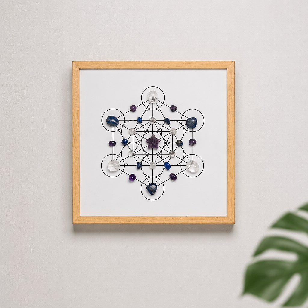Light natural wood framed Metatron's Cube crystal grid with a carved faceted amethyst star centerpiece, navy lapis lazul
