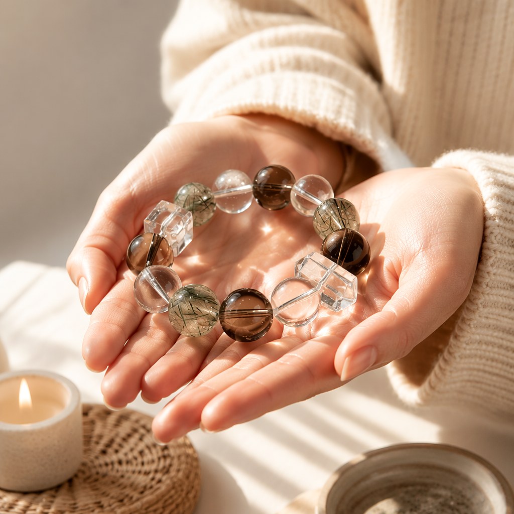 Misty Grove bracelet with large 14mm smoky quartz, green rutilated quartz and clear quartz beads on clear elastic cord