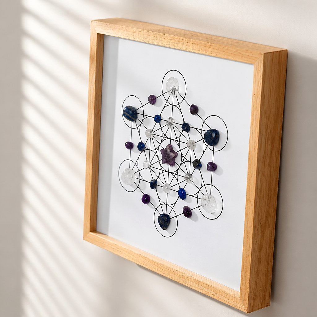 Light natural wood framed Metatron's Cube crystal grid with a carved faceted amethyst star centerpiece, navy lapis lazul