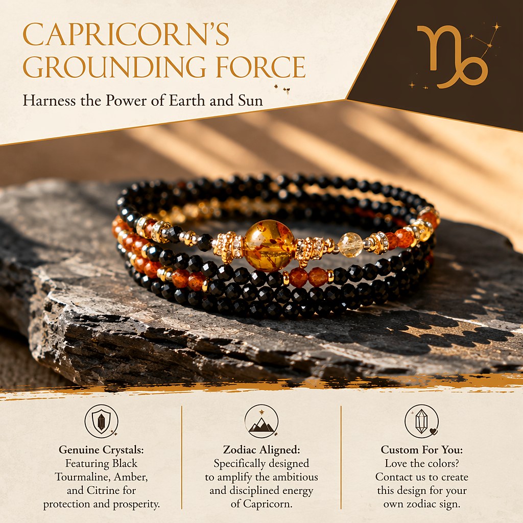 Capricorn zodiac triple-wrap bracelet with faceted black tourmaline beads, flower amber statement bead, citrine accents,