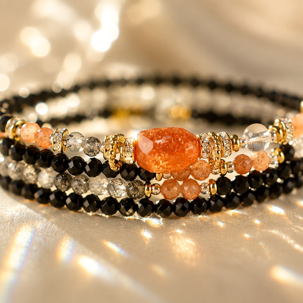 Sagittarius zodiac triple-wrap bracelet with black tourmaline beads, a 7mm sunstone statement bead, clear quartz spacers