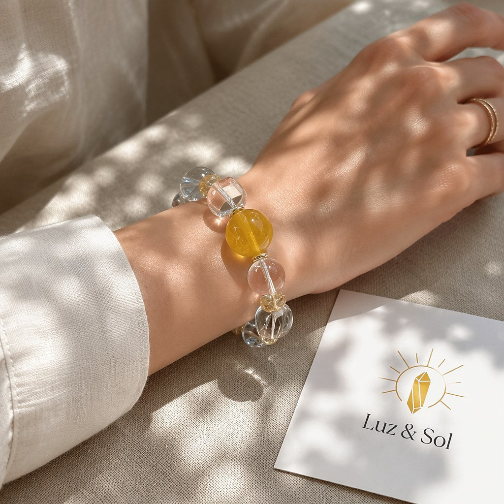 Inner Light citrine bracelet with golden citrine focal bead, clear quartz rounds and pink strawberry quartz accents