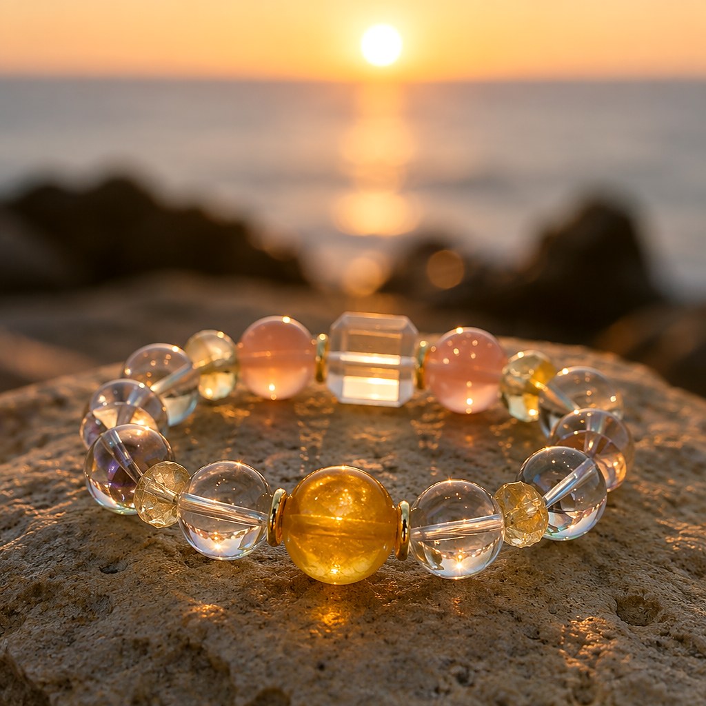Inner Light citrine bracelet with golden citrine focal bead, clear quartz rounds and pink strawberry quartz accents