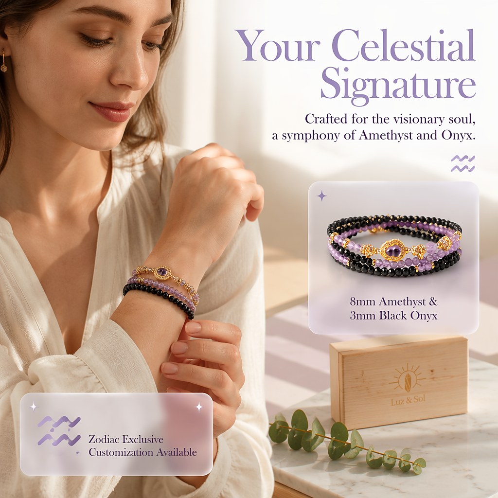 Aquarius zodiac triple-wrap bracelet with faceted black tourmaline mini-beads, 8mm amethyst statement bead, gold-tone zo