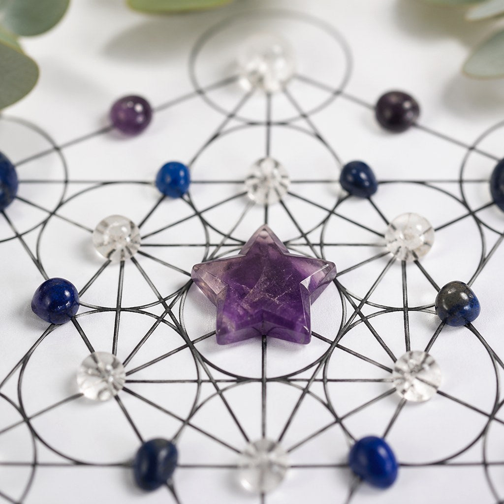 Light natural wood framed Metatron's Cube crystal grid with a carved faceted amethyst star centerpiece, navy lapis lazul