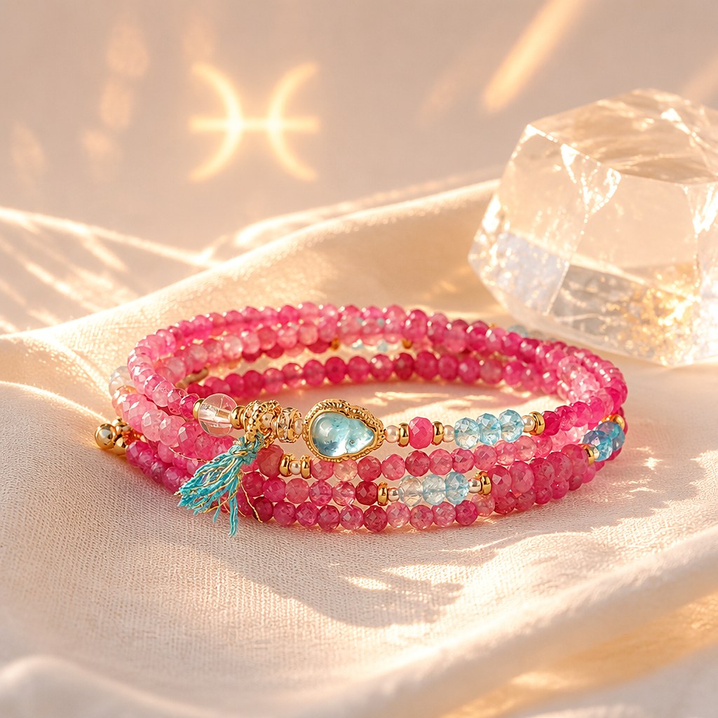 Pisces zodiac triple-wrap bracelet with faceted pink tourmaline and aquamarine mini beads, gold-tone Pisces charm, aquam