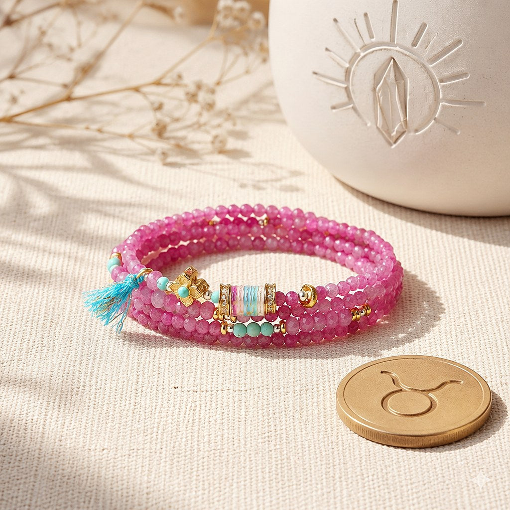 Taurus zodiac triple-wrap bracelet with faceted pink tourmaline mini-beads, turquoise accents, gold-tone Taurus charm an