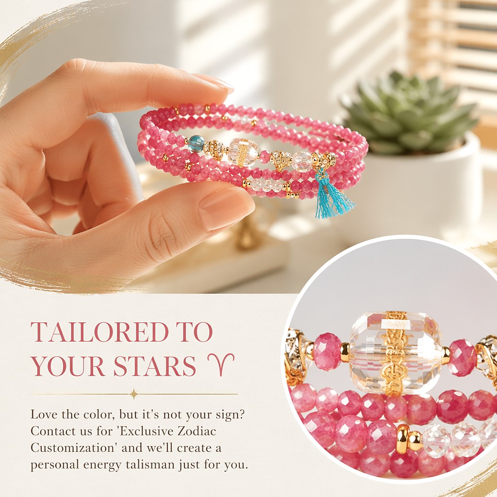 Aries zodiac triple-wrap bracelet with faceted pink tourmaline, clear quartz and aquamarine beads, gold-tone ram charm a