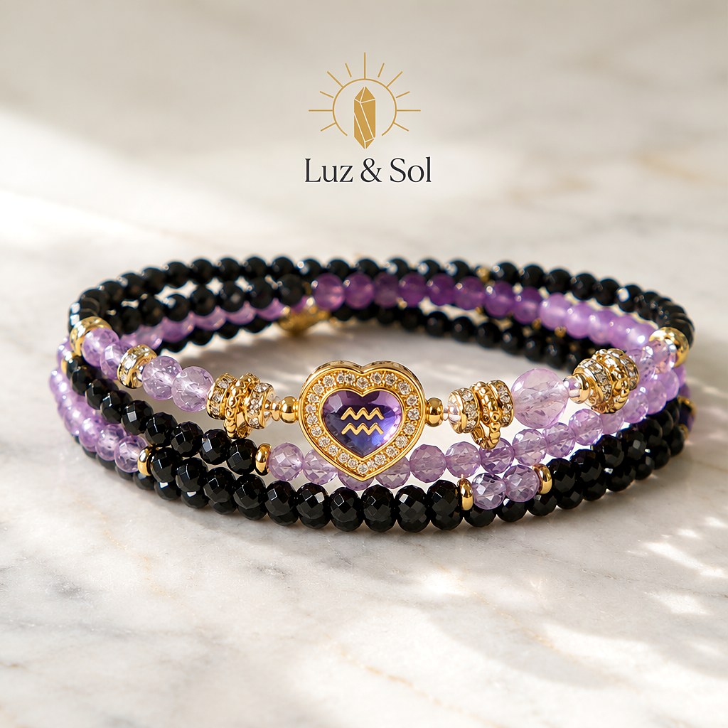 Aquarius zodiac triple-wrap bracelet with faceted black tourmaline mini-beads, 8mm amethyst statement bead, gold-tone zo