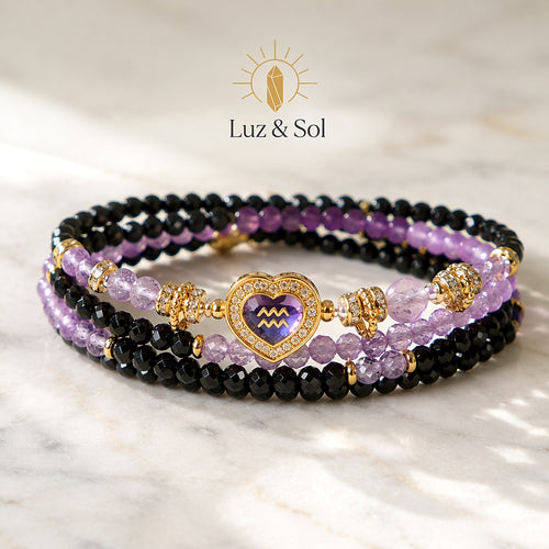 Aquarius zodiac triple-wrap bracelet with faceted black tourmaline mini-beads, 8mm amethyst statement bead, gold-tone zo