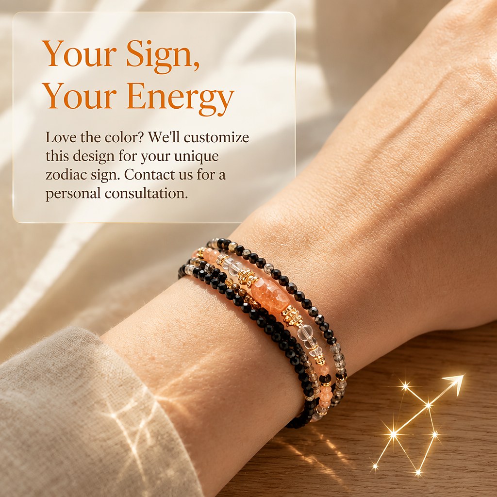 Sagittarius zodiac triple-wrap bracelet with black tourmaline beads, a 7mm sunstone statement bead, clear quartz spacers