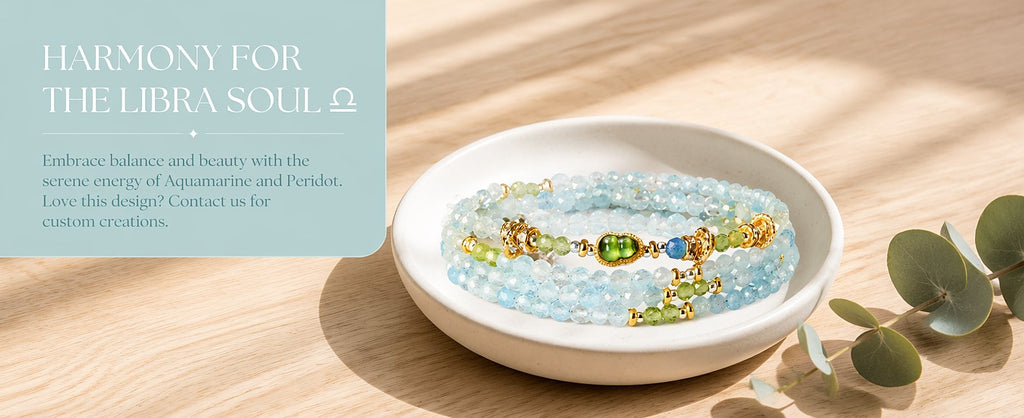 Libra zodiac triple-wrap bracelet with faceted aquamarine and 3mm prehnite mini beads, gold-tone gourd charm and silk ta