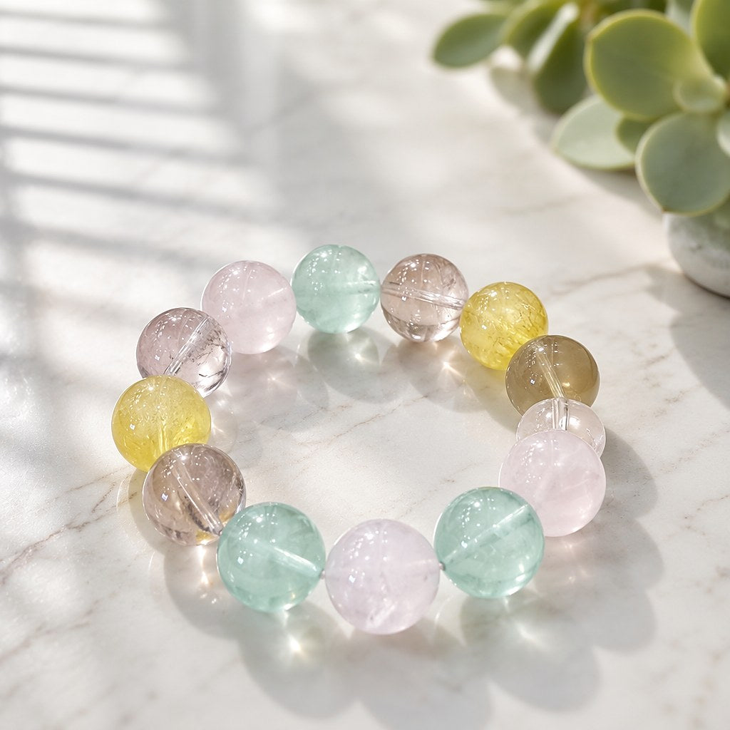 Radiant Treasures multi-crystal stretch bracelet with 15mm candy-colored amethyst, aquamarine, citrine and rose quartz b