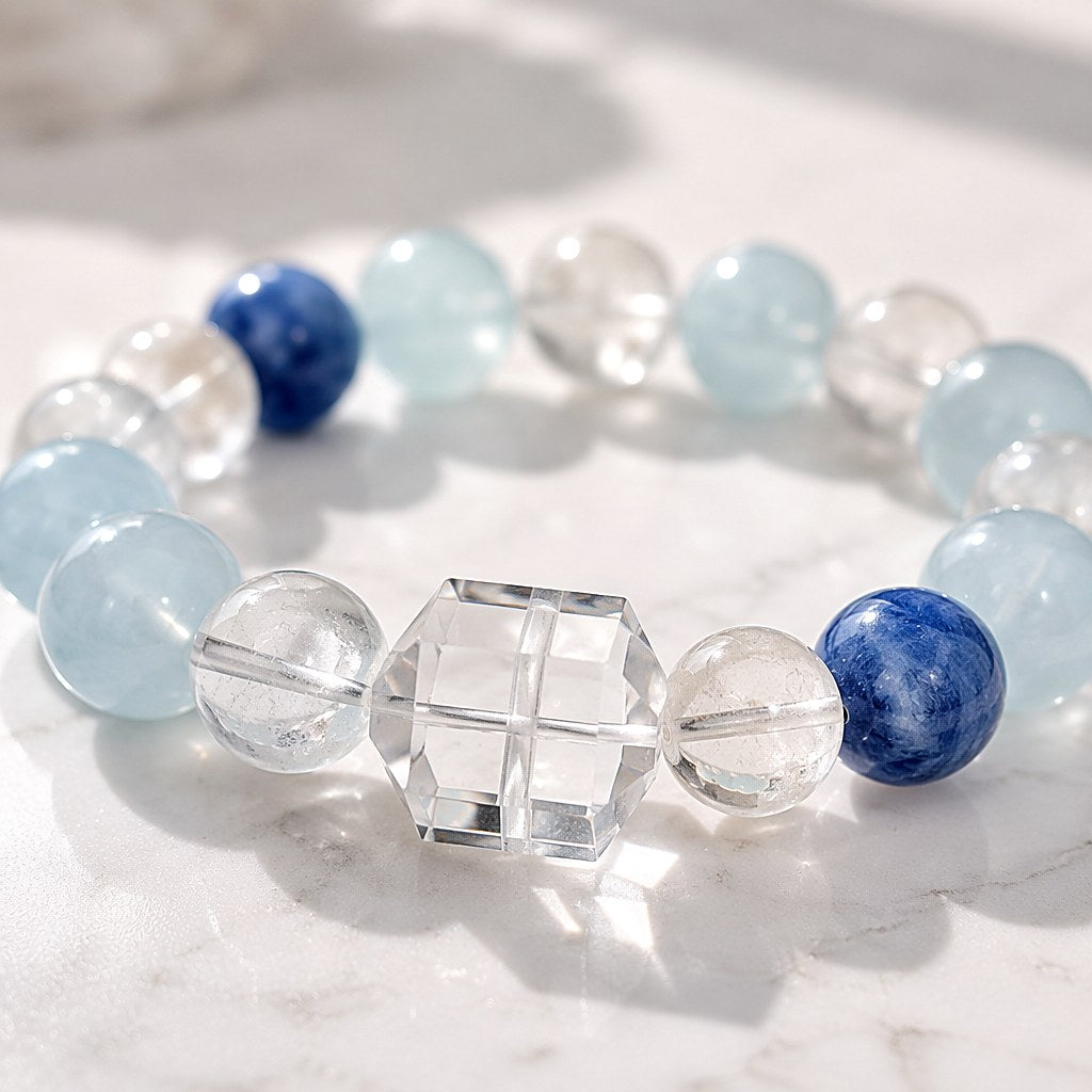 Aura of Serenity aquamarine, kyanite and clear quartz beaded stretch bracelet with faceted double-terminated clear quart