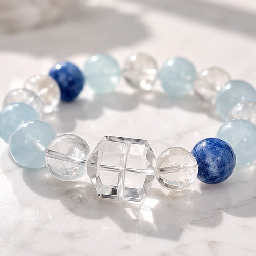 Aura of Serenity aquamarine, kyanite and clear quartz beaded stretch bracelet with faceted double-terminated clear quart