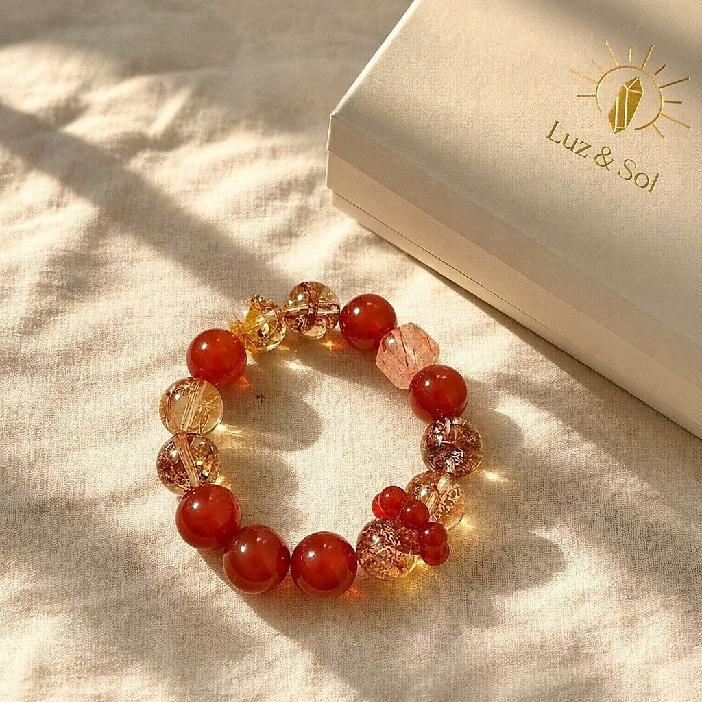 Blazing Sun Agate bracelet with cherry-red agate rounds, gold-foil flecked champagne quartz beads and a faceted strawber