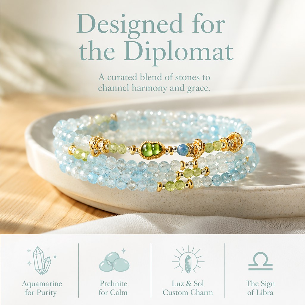 Libra zodiac triple-wrap bracelet with faceted aquamarine and 3mm prehnite mini beads, gold-tone gourd charm and silk ta
