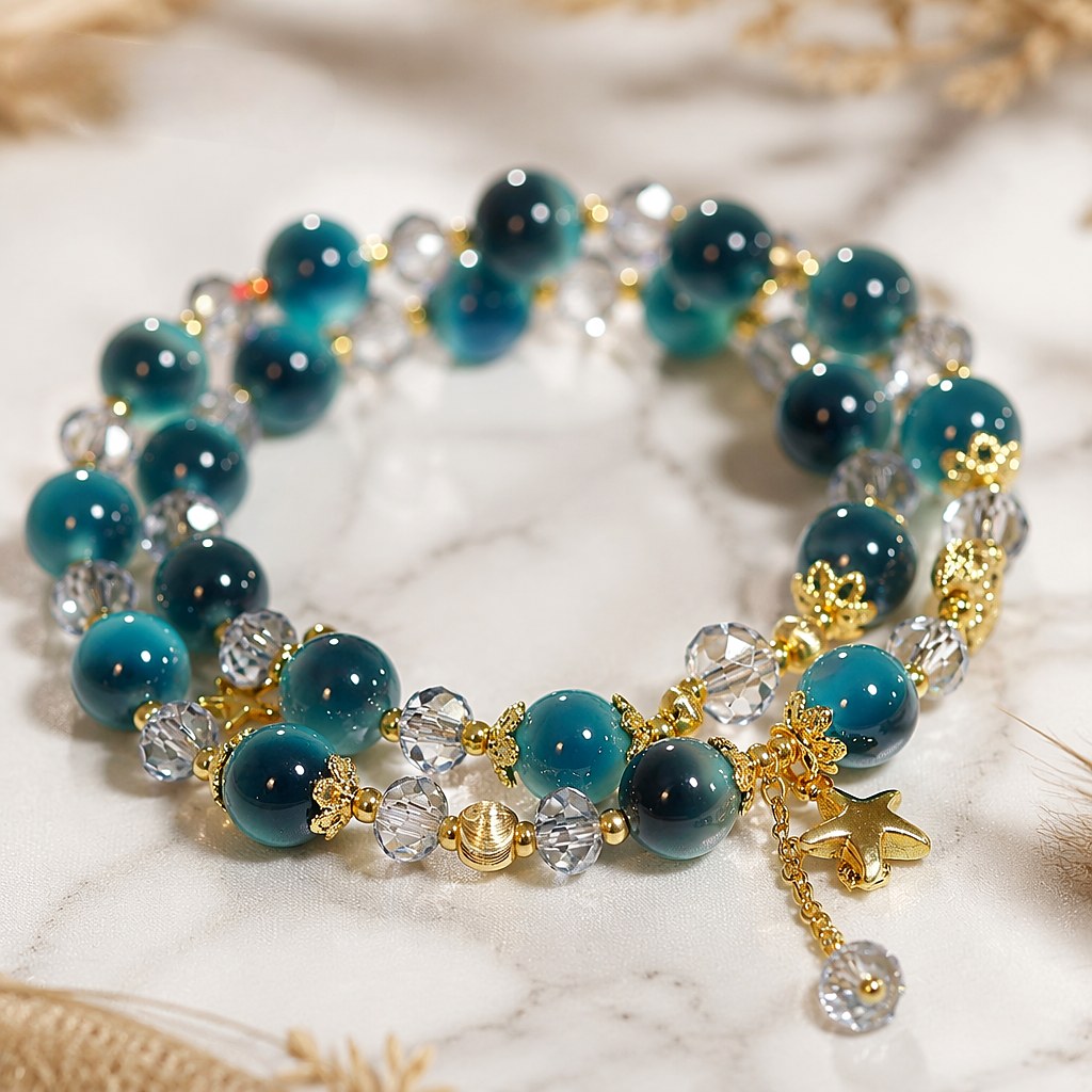 Starlit Azure Wrap double-wrap bracelet with chatoyant deep teal blue tiger's eye beads, faceted clear crystal rondelles
