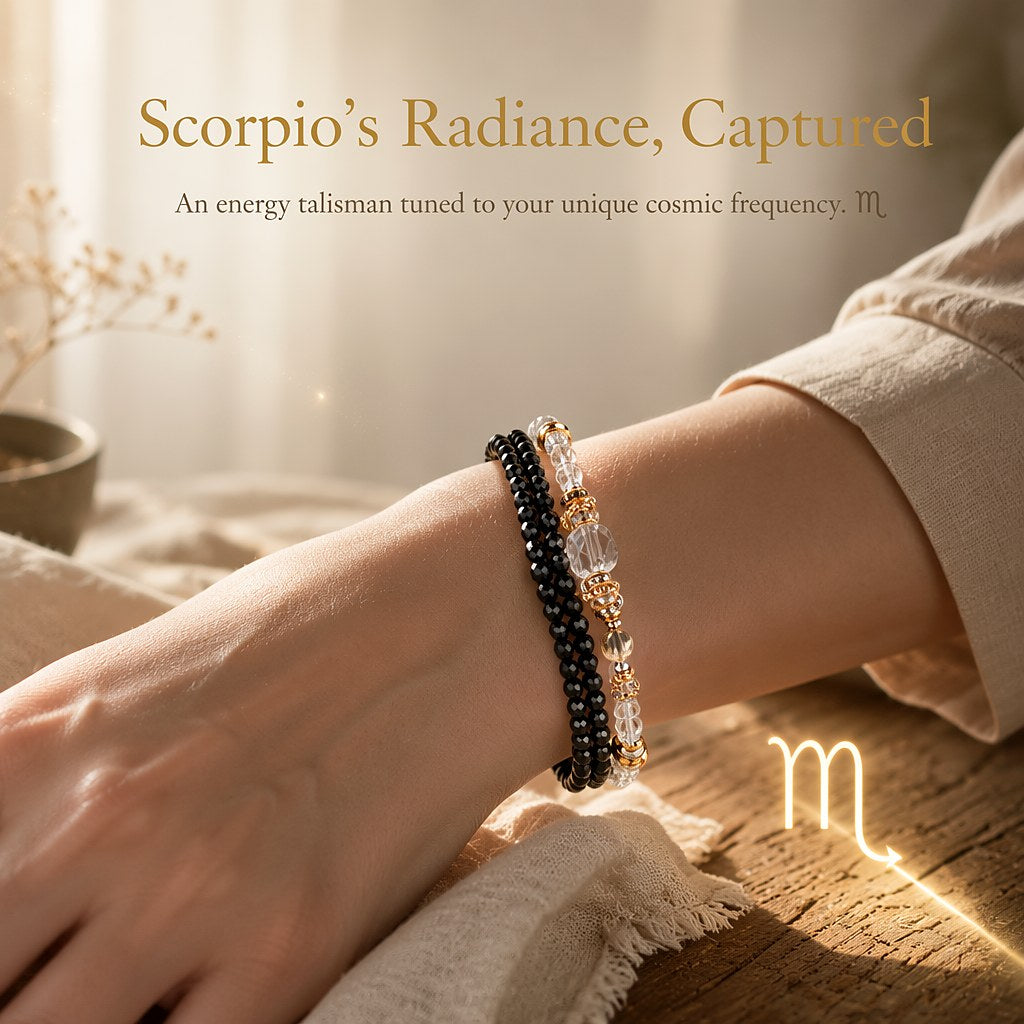 Scorpio zodiac triple-wrap bracelet in faceted black tourmaline with a 7mm clear quartz statement bead, citrine accents,