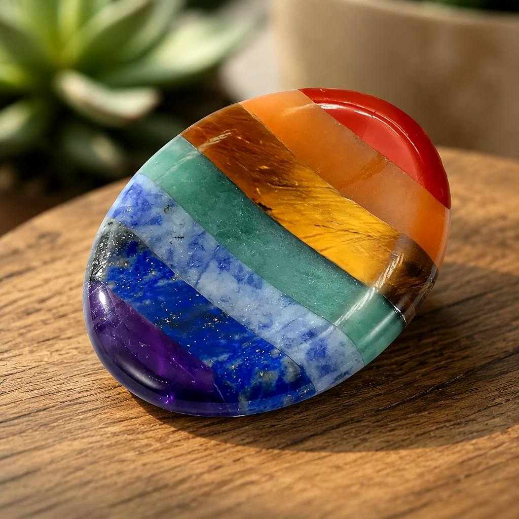 Seven Skies 7 chakra gua sha stone — oval palm stone with polished bands of red jasper, orange aventurine, tiger's eye, 