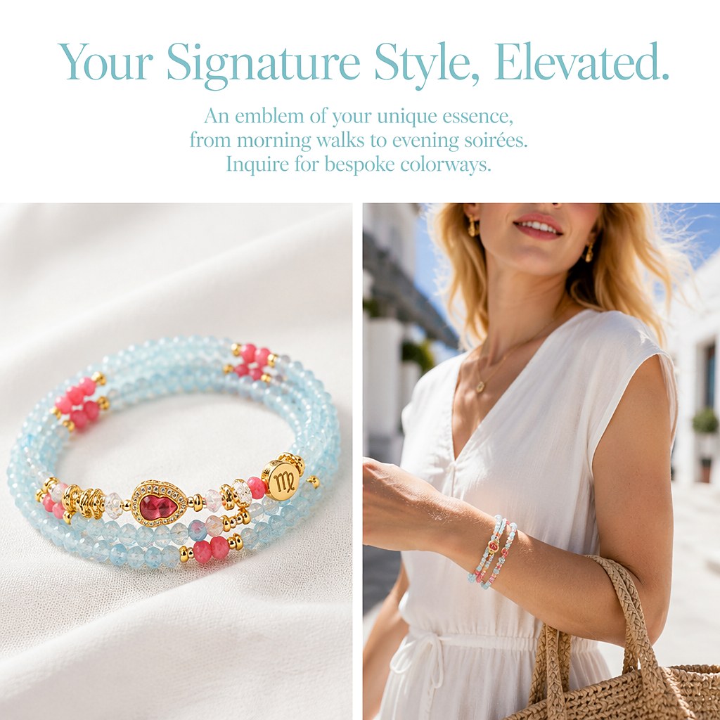 Virgo zodiac wrap bracelet with faceted aquamarine and pink tourmaline mini beads, gold-tone heart charm and silk tassel