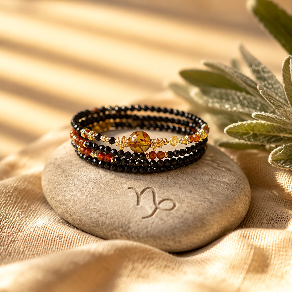Capricorn zodiac triple-wrap bracelet with faceted black tourmaline beads, flower amber statement bead, citrine accents,