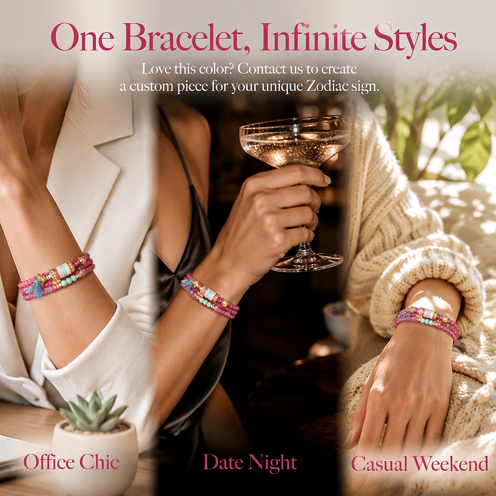 Taurus zodiac triple-wrap bracelet with faceted pink tourmaline mini-beads, turquoise accents, gold-tone Taurus charm an