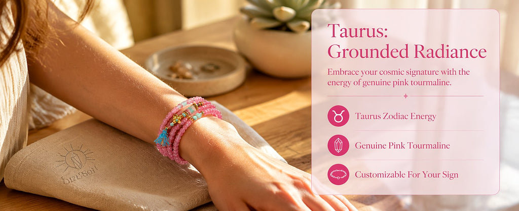 Taurus zodiac triple-wrap bracelet with faceted pink tourmaline mini-beads, turquoise accents, gold-tone Taurus charm an
