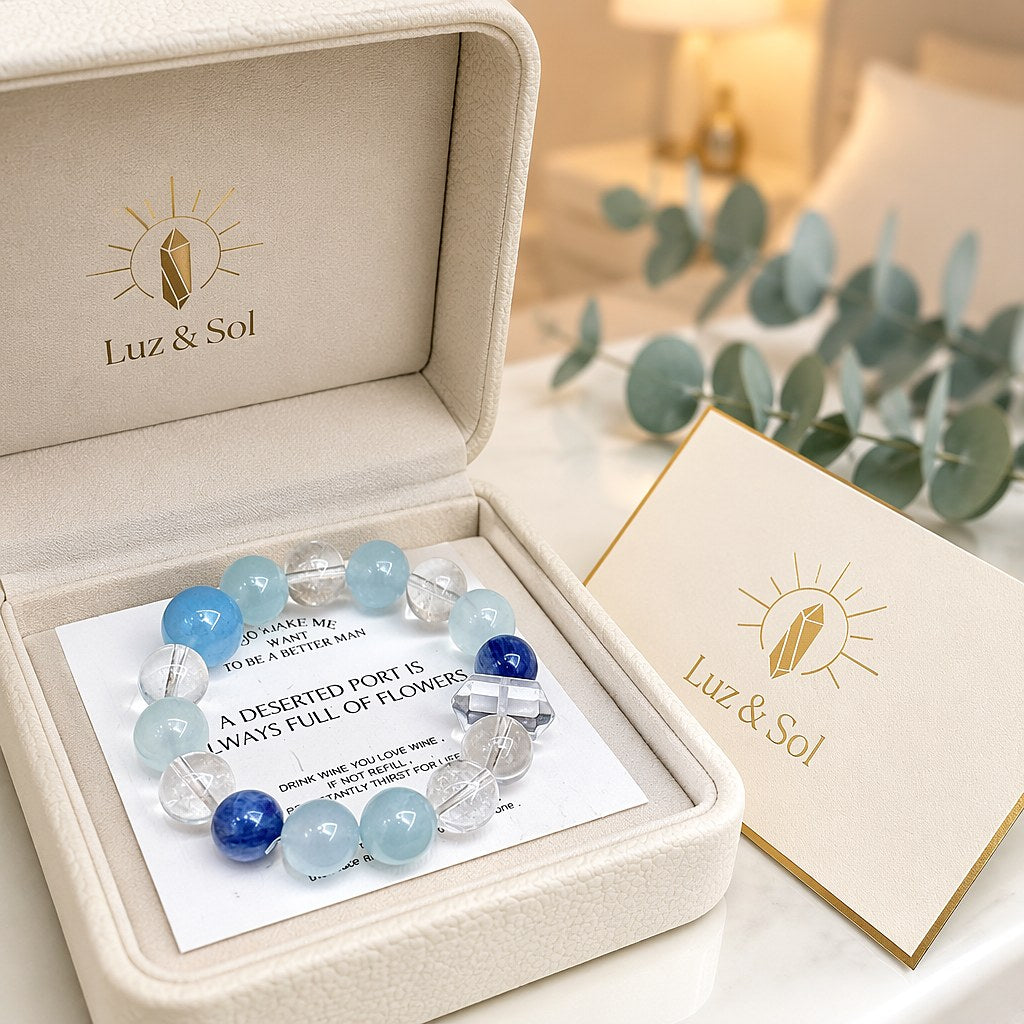 Aura of Serenity aquamarine, kyanite and clear quartz beaded stretch bracelet with faceted double-terminated clear quart