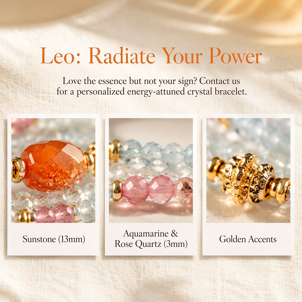 Leo zodiac triple-wrap bracelet with faceted blue aquamarine mini beads, 13mm sunstone statement bead, pink tourmaline a