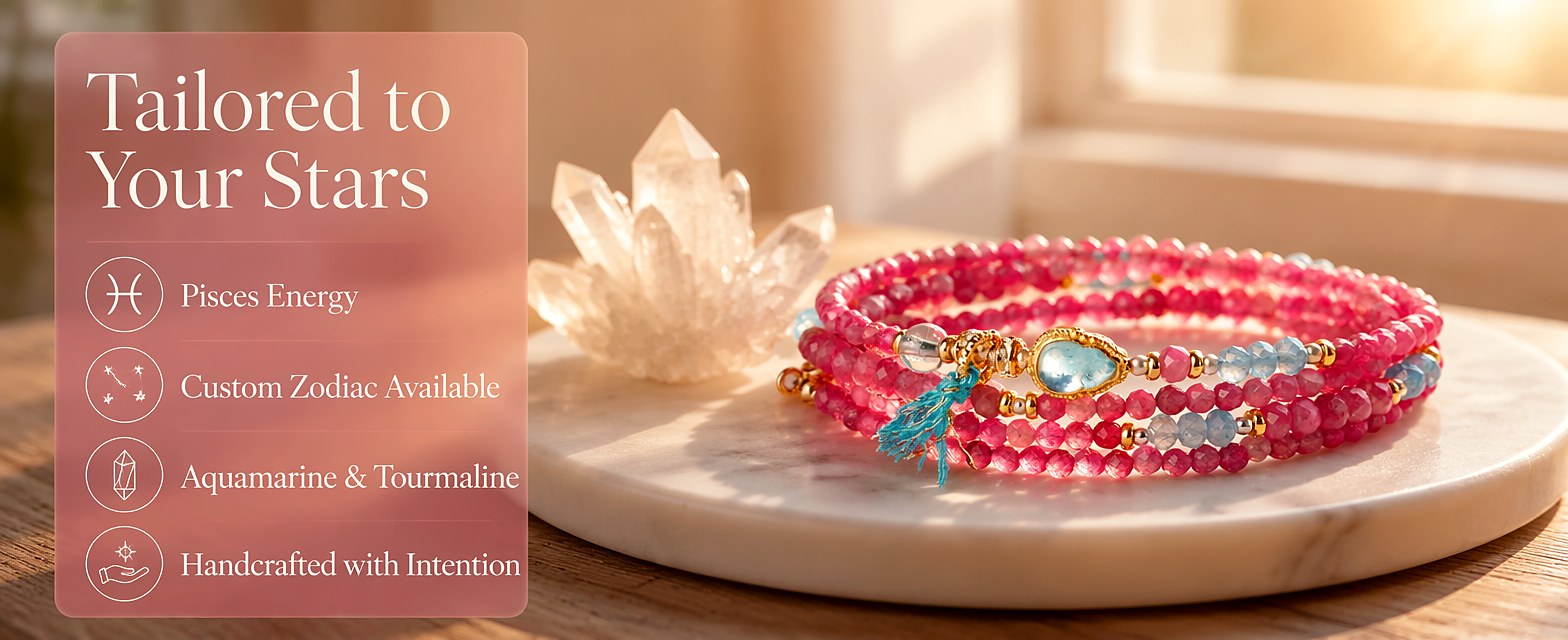 Pisces zodiac triple-wrap bracelet with faceted pink tourmaline and aquamarine mini beads, gold-tone Pisces charm, aquam