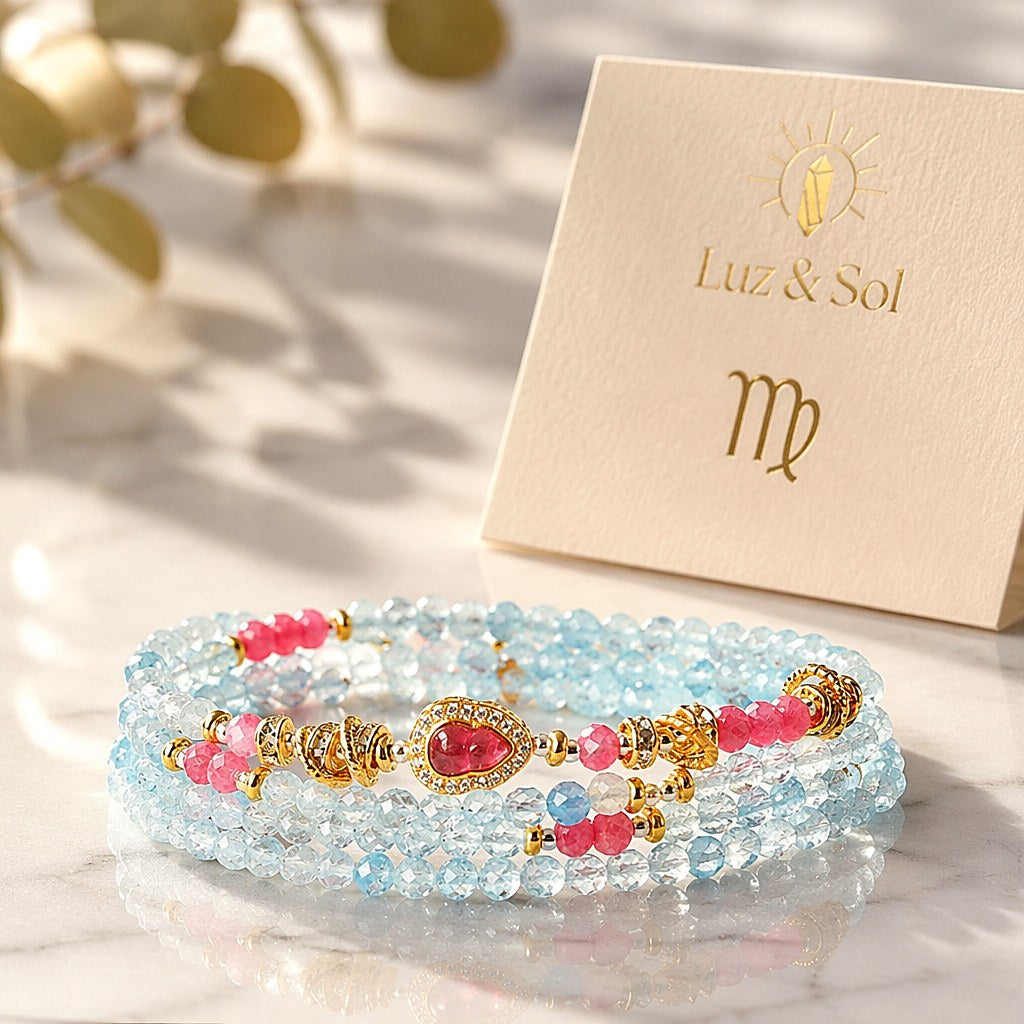 Virgo zodiac wrap bracelet with faceted aquamarine and pink tourmaline mini beads, gold-tone heart charm and silk tassel