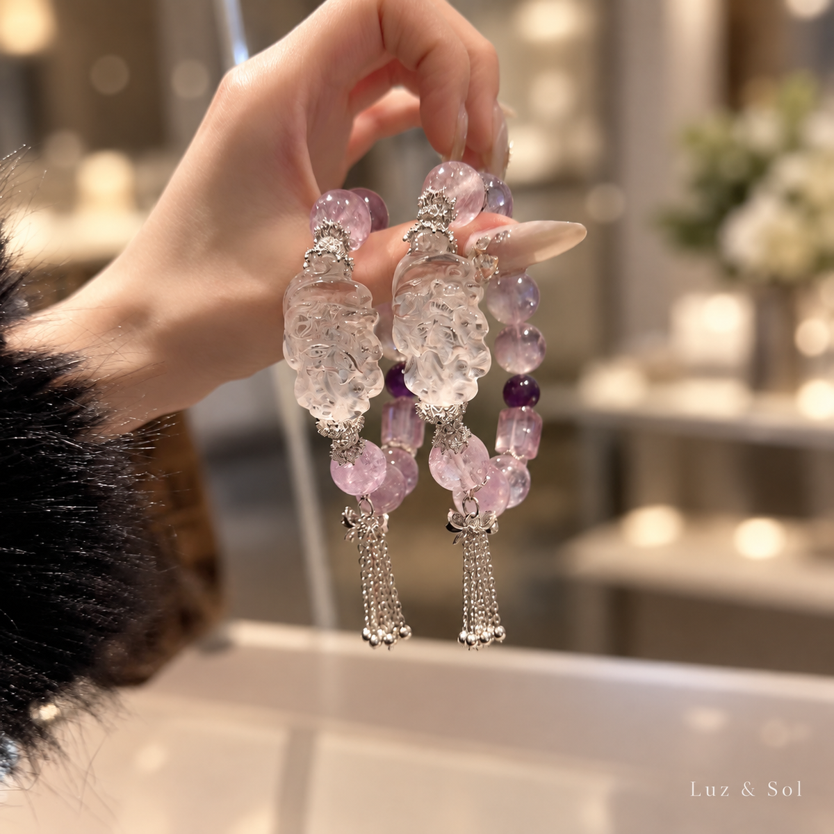 14mm Amethyst Bracelet Nine-Tailed Fox Charm Large Bead Vintage