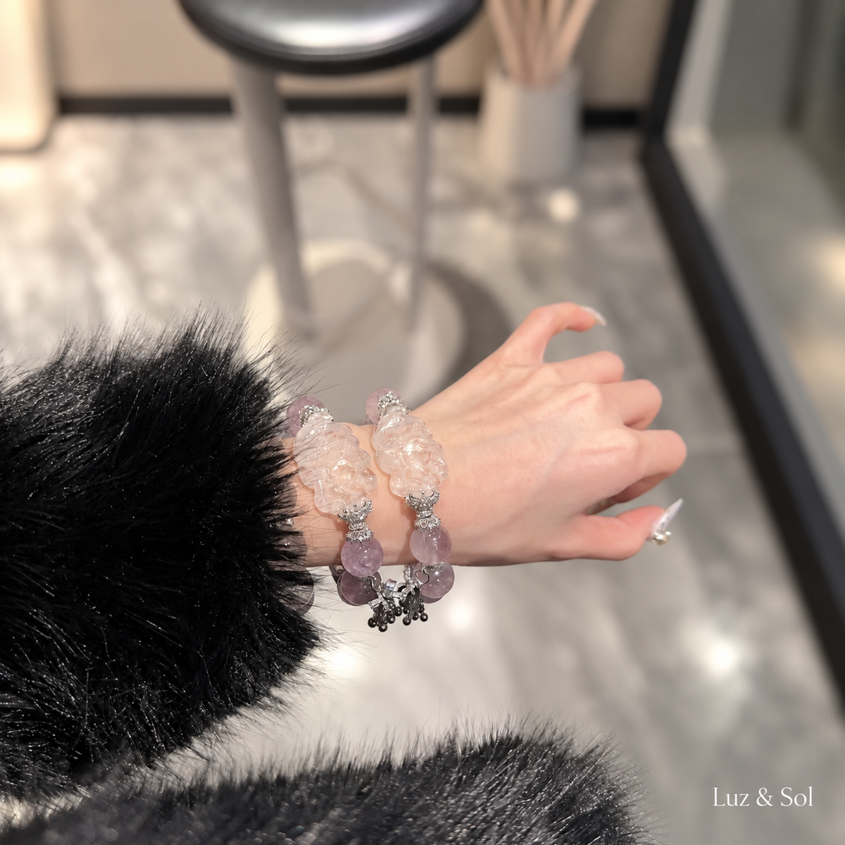 14mm Amethyst Bracelet Nine-Tailed Fox Charm Large Bead Vintage