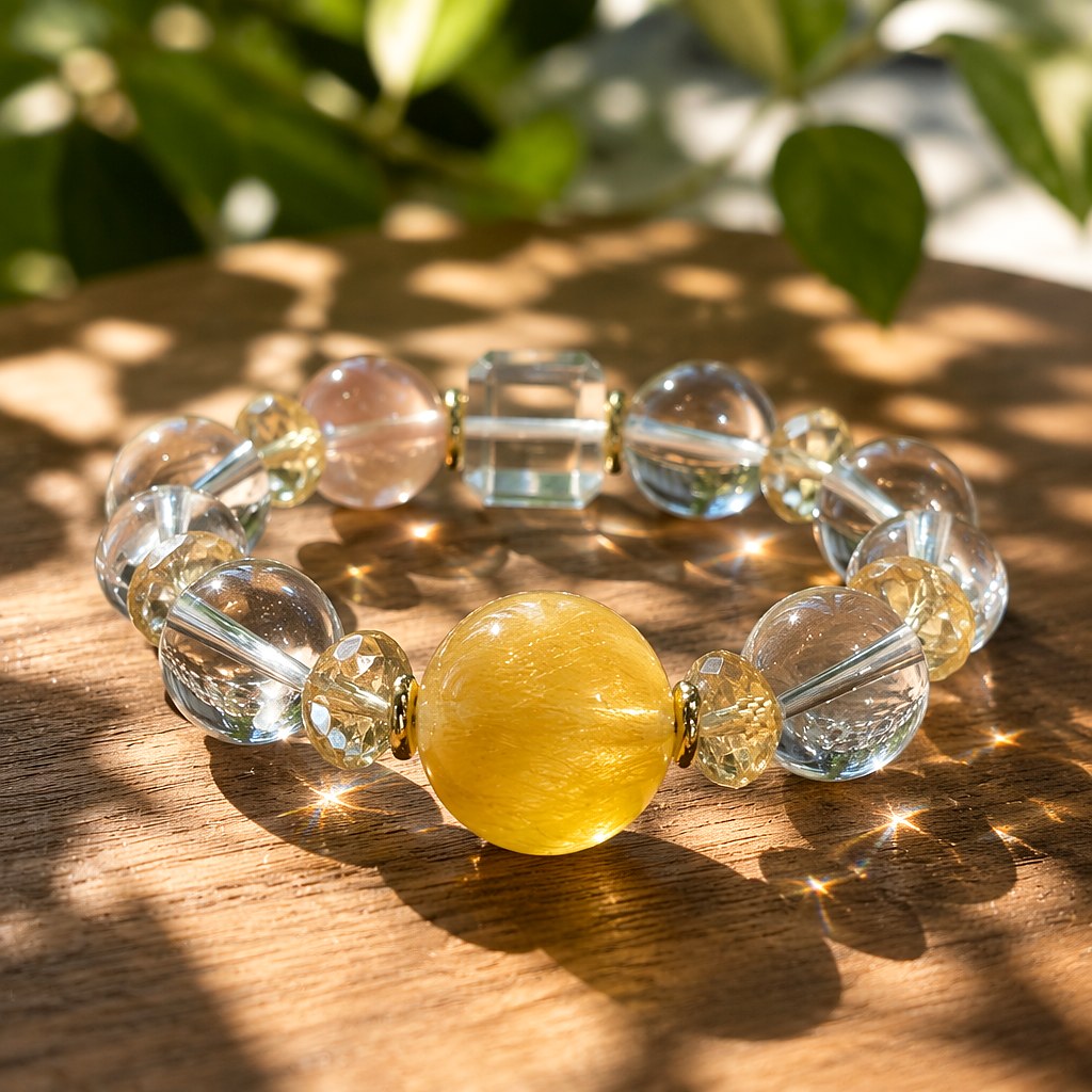 Inner Light citrine bracelet with golden citrine focal bead, clear quartz rounds and pink strawberry quartz accents