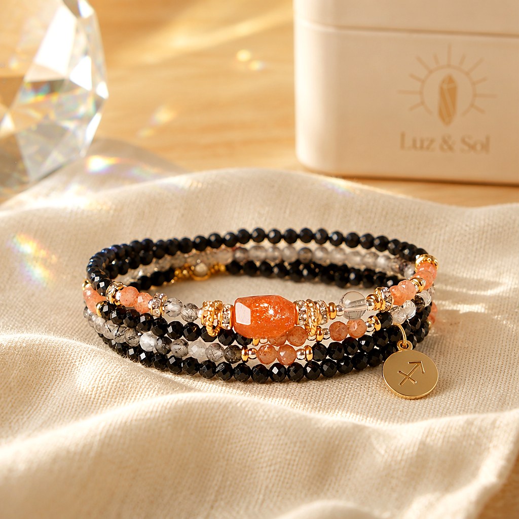 Sagittarius zodiac triple-wrap bracelet with black tourmaline beads, a 7mm sunstone statement bead, clear quartz spacers