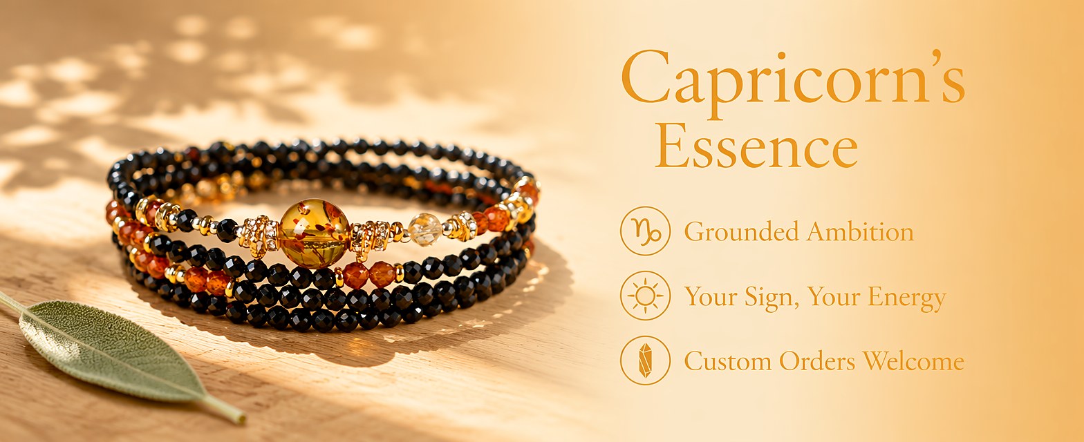 Capricorn zodiac triple-wrap bracelet with faceted black tourmaline beads, flower amber statement bead, citrine accents,