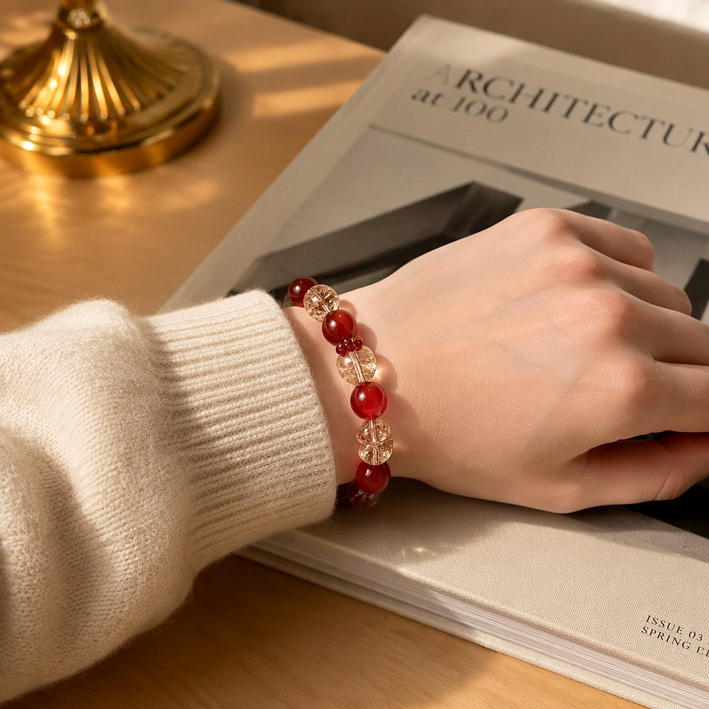 Blazing Sun Agate bracelet with cherry-red agate rounds, gold-foil flecked champagne quartz beads and a faceted strawber