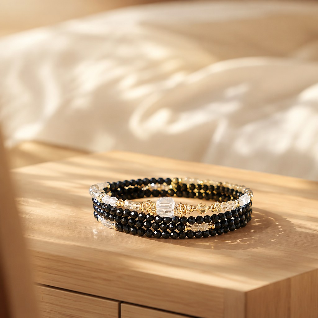 Scorpio zodiac triple-wrap bracelet in faceted black tourmaline with a 7mm clear quartz statement bead, citrine accents,