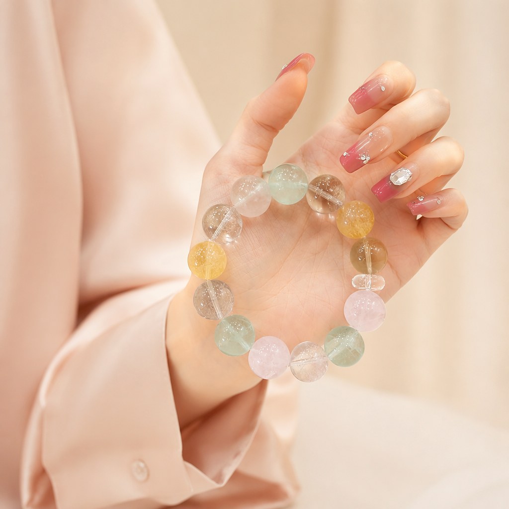 Rainbow Candy crystal bracelet with chunky pastel beads of rose quartz, green fluorite, amethyst, yellow fluorite and ci