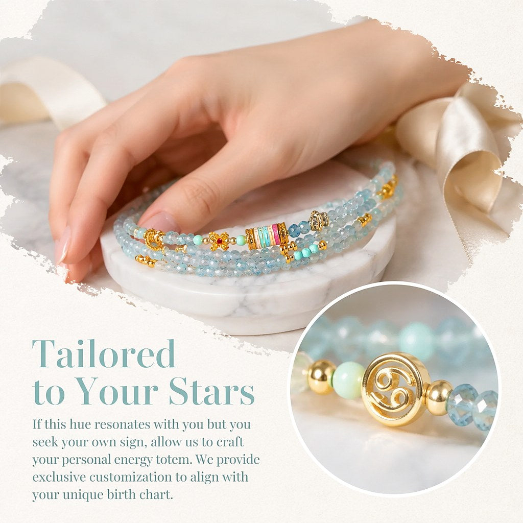 Cancer zodiac triple-wrap bracelet in 3mm faceted aquamarine with turquoise accents, five-color enamel barrel bead, gold
