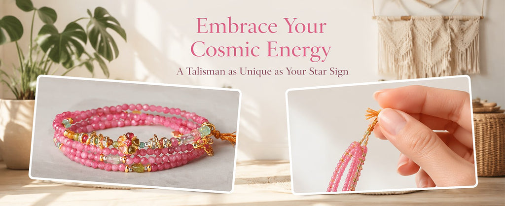 Gemini zodiac triple-wrap bracelet in faceted pink and multicolor tourmaline with sterling silver five-petal flower char
