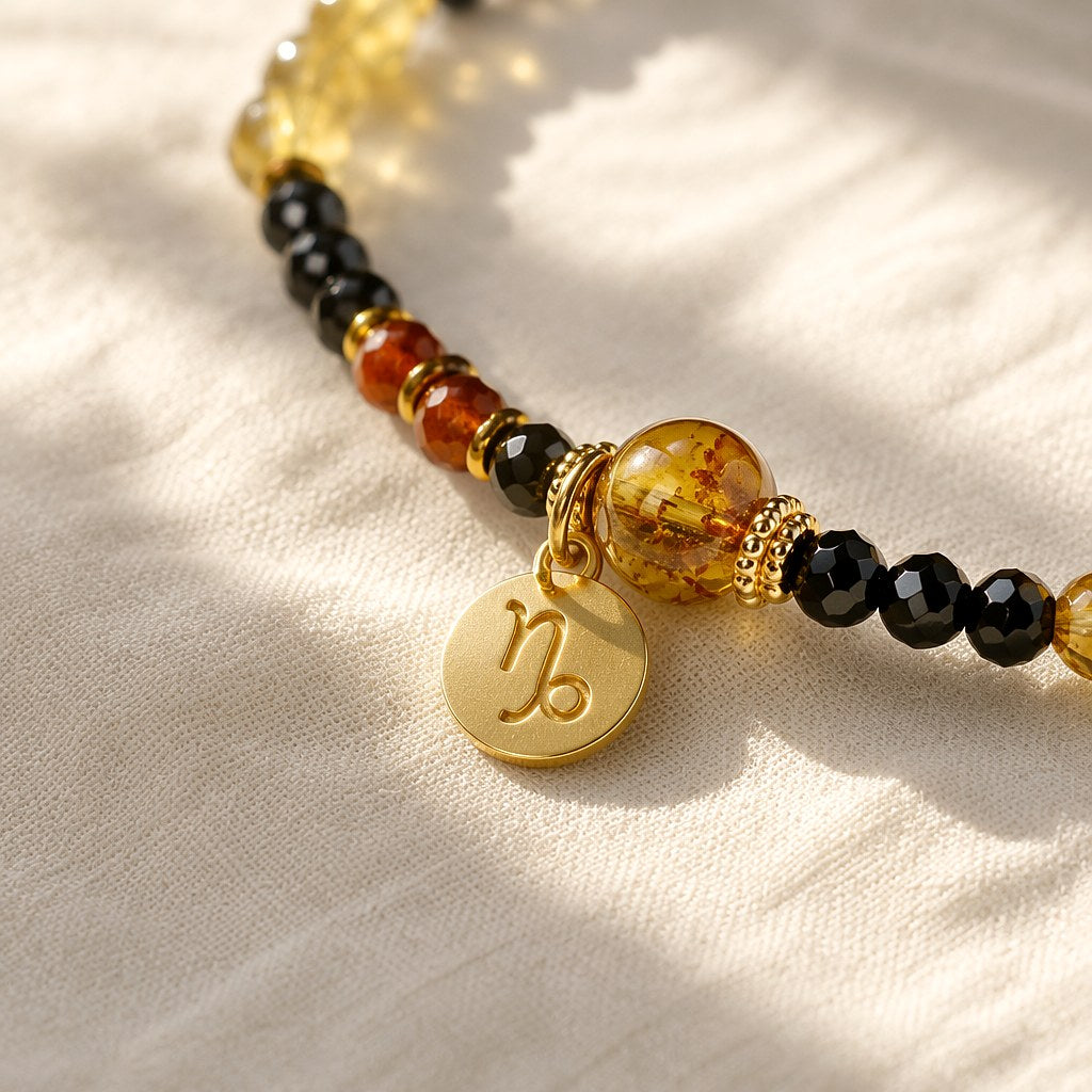 Capricorn zodiac triple-wrap bracelet with faceted black tourmaline beads, flower amber statement bead, citrine accents,
