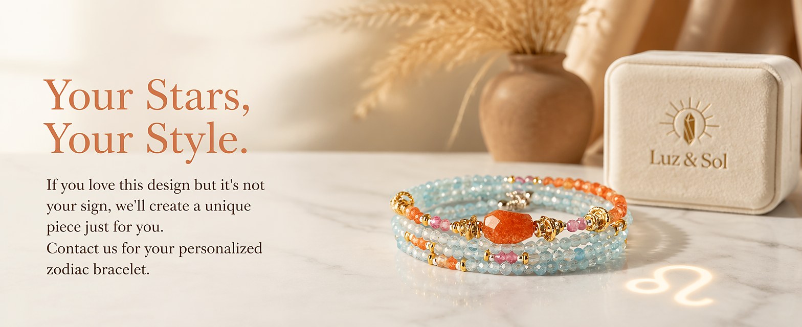 Leo zodiac triple-wrap bracelet with faceted blue aquamarine mini beads, 13mm sunstone statement bead, pink tourmaline a